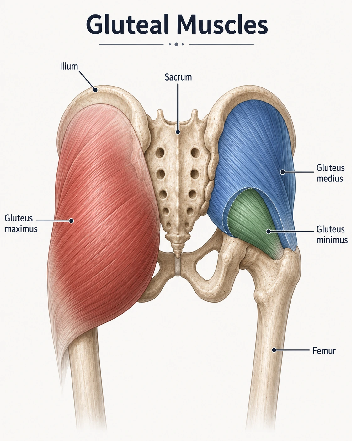 Gluteal muscles anatomy diagram showing gluteus maximus, gluteus medius, and gluteus minimus